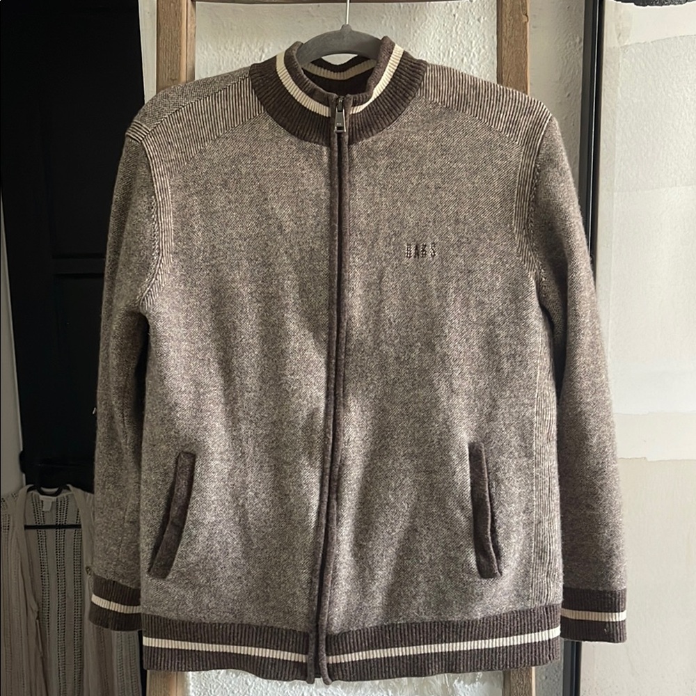 DAKS LONDON Brown Zip Up Sweater with Ribbed Stand-Up Collar